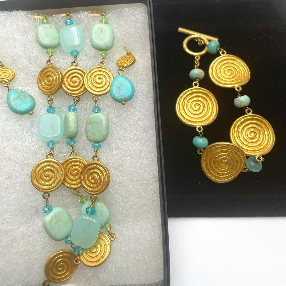 Gold and pastel turquoise stones set, opera necklace, bracelet, and earrings.